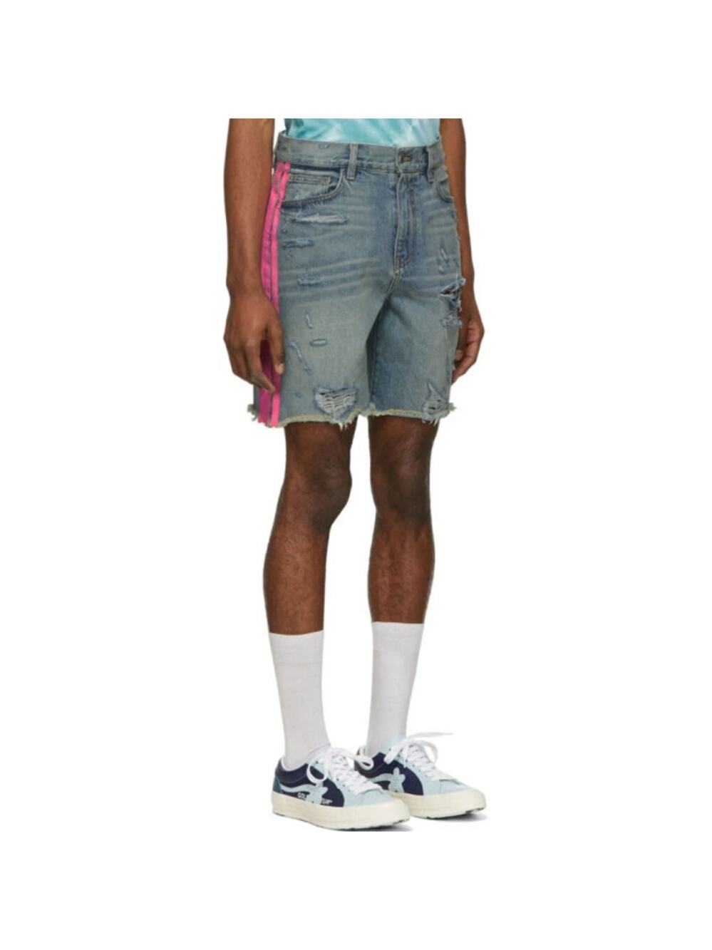 AMIRI Thrasher Denim Denim Track Short Vintage Indigo Neon Pink Sz 32 $820 {Y22}